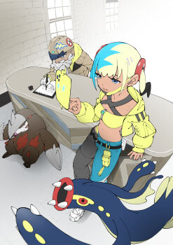 1boy 1girl absurdres bandeau belt black_belt blue_eyes canari_(pokemon) commentary_request cropped_jacket desk eelektross excadrill gen_4_pokemon gen_5_pokemon grandfather_and_granddaughter hand_up highres indoors jacket long_sleeves mask mask_pull mouth_mask multicolored_hair nintendo open_clothes open_jacket pants parted_lips pokemon pokemon_(creature) pokemon_legends:_z-a rotom rotom_phone shoes standing tarragon_(pokemon) twintails user_macu7727 white_shoes window yellow_bandeau yellow_jacket