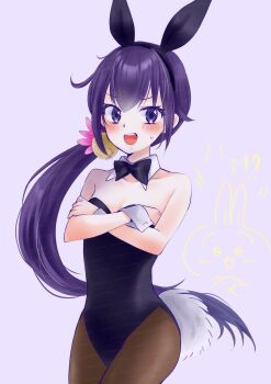 1girl akebono_(kancolle) animal_ear_hairband animal_ears bare_shoulders bell black_leotard blush breasts cleavage commentary_request covered_navel crossed_arms detached_collar fake_animal_ears flower hair_bell hair_flower hair_ornament hairband highres jingle_bell kantai_collection leotard long_hair looking_at_viewer momokaze_kuri open_mouth pantyhose pink_background playboy_bunny purple_eyes purple_hair rabbit_ear_hairband rabbit_ears rabbit_tail side_ponytail signature small_breasts smile solo strapless strapless_leotard tail very_long_hair white_wrist_cuffs wrist_cuffs