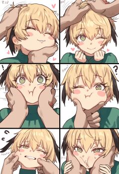 ! 1boy 1girl ? absurdres bad_link blonde_hair blush blush_stickers cheek_pinching closed_eyes closed_mouth ebora fate/grand_order fate_(series) gareth_(fate) green_eyes green_shirt hair_flaps hand_in_another&#039;s_hair head_grab headpat highres long_sleeves looking_at_viewer multiple_views open_mouth pinching pov pov_hands ruffling_hair shirt short_hair smile tearing_up