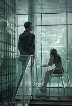1boy 1girl artist_name black_hair chair commentary cydesignationpr dress english_commentary formal_clothes grey_dress highres holographic_monitor indoors long_hair original rain reflective_floor science_fiction shoes suit table vase weather_forecast window