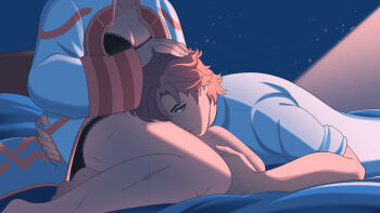 bed bra deebyfeeby fire_emblem highres female_kiran_(fire_emblem) kiran_(fire_emblem) lap_pillow nintendo pillow scar scar_on_leg summoner_(fire_emblem_heroes) sylvain_jose_gautier tagme underwear