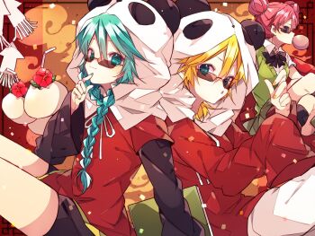 1boy 2girls :o animal_hood black_bow black_bowtie black_shorts blonde_hair blue_eyes blue_nails bow bowtie braid closed_mouth collared_shirt commentary_request double-parted_bangs double_bun front_braid green_sweater hair_between_eyes hair_bun hatsune_miku holding holding_notebook hood hood_up jacket kagamine_len kaho_0102 layered_sleeves long_hair long_sleeves looking_at_viewer megurine_luka multiple_girls nail_polish notebook open_mouth panda_hood pants pink_hair red_jacket shirt short_hair short_over_long_sleeves short_sleeves shorts single_braid smile sunglasses sweater vocaloid white_pants white_shirt yellow_nails