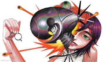 1girl alternate_form black_choker black_ribbon bomb bomb_devil_(chainsaw_man) chainsaw_man choker dynamite explosion explosion_background explosive green_eyes grenade_pin highres imminent_explosion neck_ribbon noarteria nuclear_weapon object_head pull_cord reze_(chainsaw_man) ribbon shirt shirt_tucked_in sleeveless sleeveless_shirt solo transformation