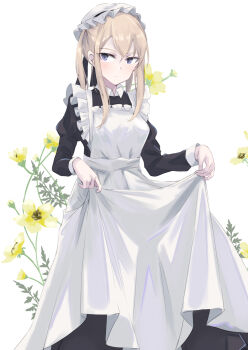 Rule 34 | 1girl, alakoala, alternate costume, apron, black dress, blonde hair, blush, commentary request, contrast collar, double-parted bangs, dress, enmaided, flower, frilled apron, frills, full body, graf zeppelin (kancolle), grey eyes, hair between eyes, hat, highres, juliet sleeves, kantai collection, long hair, long sleeves, looking at viewer, maid, maid apron, mob cap, pout, puffy sleeves, sidelocks, simple background, solo, standing, twintails, white apron, white background, white hat
