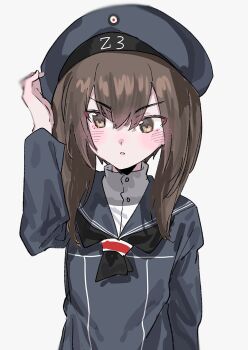 1girl aogisa black_neckerchief blue_dress blue_hat blue_sailor_collar brown_eyes brown_hair cosplay dress faceless faceless_male hat highres kantai_collection neckerchief sailor_collar sailor_hat short_hair short_hair_with_long_locks sideways_glance simple_background solo taihou_(kancolle) upper_body v-shaped_eyebrows white_background z3_max_schultz_(kancolle) z3_max_schultz_(kancolle)_(cosplay)