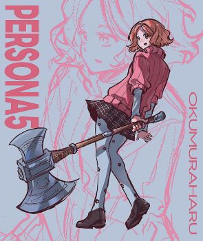 Rule 34 | 1girl, arms behind back, axe, breasts, brown eyes, brown hair, brown shoes, character name, copyright name, ddunnaaaaa, floral print pantyhose, full body, highres, holding, holding axe, loafers, medium breasts, okumura haru, open mouth, parted bangs, persona, persona 5, pink sweater, plaid clothes, plaid skirt, pleated skirt, ribbed sweater, shoes, short hair, skirt, smile, solo, sweater, turtleneck, turtleneck sweater, weapon