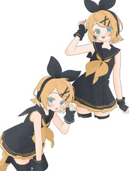 1girl alternate_costume black_dress black_gloves black_hairband black_sailor_collar black_thighhighs blonde_hair blue_eyes cowboy_shot dress fingerless_gloves gloves hairband hand_up hashtag-only_commentary highres kagamine_rin kneeling komori_kamome looking_at_viewer multiple_views sailor_collar sailor_dress short_dress standing thighhighs vocaloid