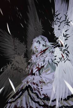 1girl absurdres asagina_gi black_background blade_to_throat blood blood_on_face blood_on_gloves bloody_weapon closed_eyes commentary_request cowboy_shot dress feathered_wings feathers flower highres holding holding_knife italian_commentary knife layered_dress multiple_wings original rose simple_background solo veil weapon white_flower white_rose white_wings wings
