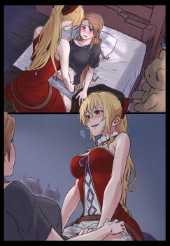 2girls :d assertive_female bare_arms bed bedroom black_bow black_shirt blonde_hair bow brown_hair clothes_lift collarbone commentary_request dress from_above from_below girl_on_top granblue_fantasy grey_pants groin hair_between_eyes hair_bow hair_intakes highres indoors katalina_(granblue_fantasy) long_hair lying midriff miso-ha_(ukyuu) multiple_girls navel on_back on_bed open_mouth pants ponytail purple_ribbon red_bow red_dress red_eyes ribbon shirt shirt_lift short_sleeves smile split_screen stomach straight_hair strapless strapless_dress stuffed_animal stuffed_toy sweatdrop t-shirt teddy_bear two-tone_bow very_long_hair vira_(granblue_fantasy) wooden_floor yuri
