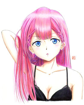 Rule 34 | 1girl, arm up, bad arm, black bra, blue eyes, bokutachi wa benkyou ga dekinai, bra, braid, breasts, cleavage, collarbone, colored pencil (medium), kirisu mafuyu, long hair, looking at viewer, medium breasts, pink hair, simple background, solo, traditional media, triangle mouth, underwear, upper body, white background, y takeshinu wan
