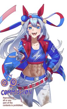 1girl abs animal_ears belt blue_eyes blue_hairband blue_jacket blue_sports_bra breasts collarbone commission crop_top cropped_legs dirty dirty_clothes ear_covers fingerless_gloves gloves grey_hair grey_tail hairband hand_on_own_hip headband highres horse_ears horse_girl horse_tail jacket lightning_bolt_print lightning_bolt_symbol long_hair looking_at_viewer midriff multicolored_hairband navel nillith open_clothes open_jacket open_mouth outstretched_arm pants pointing red_belt red_hairband red_headband simple_background small_breasts smile solo sports_bra sweat tail tamamo_cross_(fast_as_lightning)_(umamusume) tamamo_cross_(umamusume) toned toned_female two-tone_hairband umamusume v watermark white_background white_gloves white_pants