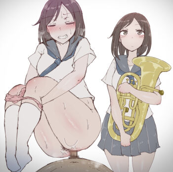 1boy anal blush brown_hair censored closed_eyes dark-skinned_male dark_skin euphonium fat fat_man female_pubic_hair hetero holding holding_instrument instrument mosaic_censoring multiple_views panties panty_pull penis pubic_hair school_uniform serafuku sex shirt simple_background standing sweat underwear uricotake white_background white_footwear white_shirt