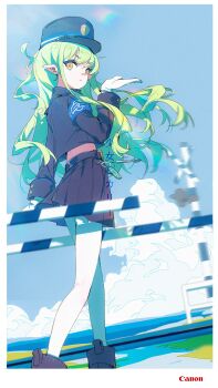 1girl absurdres armband belt black_belt black_boots black_jacket black_skirt blue_archive blue_armband blue_hat boots border character_name chinese_commentary closed_mouth cloud cloudy_sky commentary_request completion_time convenient_censoring cumulonimbus_cloud dutch_angle floating_hair from_side gloves green_hair hand_up hat highres hikari_(blue_archive) inseki11 jacket lens_flare long_hair long_sleeves looking_at_viewer looking_to_the_side making-of_available midriff miniskirt no_halo no_tail pantyhose peaked_cap pleated_skirt pointy_ears skirt sky solo turning_head walking white_border white_gloves white_pantyhose yellow_eyes