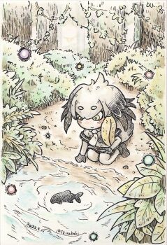 1girl bird_girl bird_tail bird_wings elbow_gloves feathered_wings fish full_body gloves grey_hair head_wings highres kemono_friends necktie outdoors shirabaki shirt shoebill_(kemono_friends) shoes short_hair shorts sitting tail thighhighs wings yellow_eyes