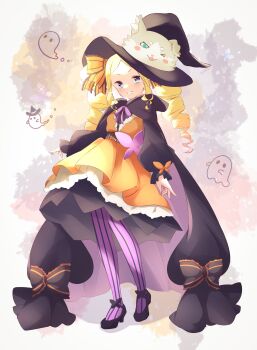 1girl absurdres beatrice_(re:zero) blonde_hair blue_eyes cape dress drill_hair full_body ghost halloween halloween_costume hat highres long_hair long_sleeves looking_at_viewer orange_dress pantyhose rain_re_a re:zero_kara_hajimeru_isekai_seikatsu ribbon sidelocks smile solo striped_clothes striped_pantyhose symbol-shaped_pupils twin_drills twintails vertical-striped_clothes vertical-striped_pantyhose witch_hat