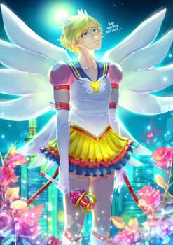 Rule 34 | 1boy, artist logo, bishoujo senshi sailor moon, blonde hair, blue sailor collar, boots, cherry in the sun, clip studio paint (medium), collarbone, commentary, cosplay, crossdressing, crossdressing (mtf), crossover, elbow gloves, english commentary, english text, flower, full moon, gloves, hair ornament, jaune arc, knee boots, layered skirt, logo, looking up, magical girl, male focus, moon, night, night sky, pink flower, pink rose, rose, rwby, sailor collar, sailor moon, sailor senshi, sailor senshi uniform, skirt, sky, solo, standing, star (sky), super sailor moon, super sailor moon (cosplay), tokyo tower, white boots, white gloves, white wings, wing hair ornament, wings