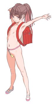 1girl arms_up backpack bag blush brown_eyes brown_hair crime_prevention_buzzer flat_chest full_body haimura_kiyotaka highres loli looking_at_viewer navel nude original randoseru shoes simple_background sketch smile solo standing two_side_up webp-to-png_conversion white_background