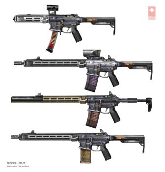 ammunition assault_rifle asterozoa bullet commentary english_commentary from_side gun highres magazine_(weapon) muzzle_device no_humans original rifle scope see-through_clothes submachine_gun suppressor trigger weapon weapon_focus white_background