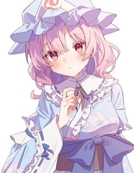 1girl blue_hat blue_kimono closed_mouth fingernails frilled_kimono frilled_shirt_collar frills grey_ribbon grey_sash hair_between_eyes hat highres japanese_clothes kimono light_blush mob_cap neck_ribbon obi pink_hair red_eyes ribbon saigyouji_yuyuko sash short_hair solo touhou triangular_headpiece ww333v