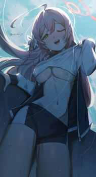 Rule 34 | 1girl, absurdres, ahoge, alternate costume, artist name, blue archive, blue shorts, bow, braid, breasts, clothes lift, commentary request, ggo nol ja, green eyes, gym shirt, gym uniform, halo, hanako (blue archive), highres, jacket, lifting own clothes, long hair, navel, pink hair, pink halo, shirt, shirt lift, short shorts, shorts, smile, solo, sweat, tilted halo, track jacket, underboob, white bow, white shirt