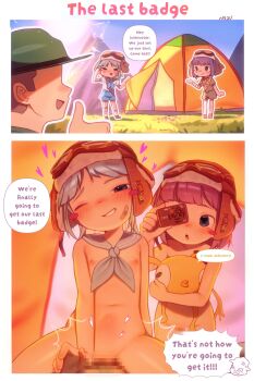 1boy 2girls 2koma censored comic english_text flat_chest hetero highres loli mosaic_censoring multiple_girls najucaju_naju nipples nude one_eye_closed paid_reward_available peak_(game) sex speech_bubble tent vaginal