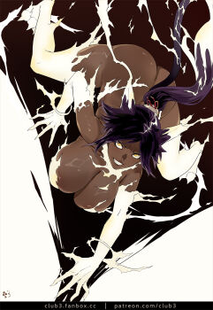 1girl all_fours animal_ears ass bare_shoulders bleach bleach:_sennen_kessen-hen breasts cat_ears cat_tail cleavage club3 dark-skinned_female dark_skin electricity electrokinesis hair_ears hair_ornament highres large_breasts long_hair looking_at_viewer parted_bangs ponytail purple_hair shihouin_yoruichi smile solo tail yellow_electricity yellow_eyes
