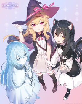 3girls animal_ear_fluff animal_ears artist_request bag black_bow black_bowtie black_hair black_ribbon blonde_hair blue_eyes blue_hair blush boots bow bowtie capelet cat_ears cat_girl cat_tail chain colored_skin commentary_request cuffs dress gloves gradient_background hair_between_eyes hair_ribbon hairband hands_up hat highres holding_hands humanization little_witch_nobeta long_hair looking_at_viewer multiple_girls nobeta nonota_(little_witch_nobeta) official_art open_mouth phyllis_(human)_(little_witch_nobeta) phyllis_(little_witch_nobeta) red_eyes ribbon shackles short_eyebrows shoulder_bag smile star_(symbol) striped_clothes striped_dress tail thighhighs two-tone_dress v vertical-striped_clothes vertical-striped_dress white_dress white_gloves white_skin witch_hat yellow_eyes