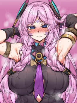 1girl absurdres alternate_breast_size armpits blue_eyes blush braid breasts citlali_(genshin_impact) closed_mouth facial_mark forehead_mark garbage genshin_impact hair_intakes hair_ornament highres huge_breasts jenigata large_breasts leotard long_hair looking_at_viewer pink_background pink_hair pink_pupils simple_background steaming_body sweat