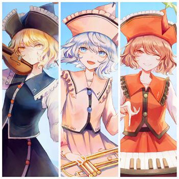 3girls :d ;d absurdres black_skirt black_vest blonde_hair border brown_hair column_lineup commentary expressionless frilled_hat frilled_sailor_collar frills grey_hair hat hat_ornament highres hourai_kiriri instrument jacket keyboard_(instrument) looking_at_viewer lunasa_prismriver lyrica_prismriver merlin_prismriver multiple_girls one_eye_closed open_mouth orange_hat orange_skirt orange_vest sailor_collar shirt short_hair siblings sisters skirt skirt_set smile star_(symbol) star_hat_ornament touhou trumpet vest violin white_border white_hat white_jacket white_shirt white_skirt