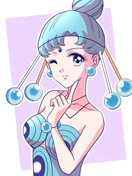 Rule 34 | 1girl, bishoujo senshi sailor moon, blue dress, blue eyes, blue hair, dress, earrings, forehead jewel, hair bun, highres, jewelry, one eye closed, pallapalla (sailor moon), parted bangs, short hair, smile, solo, sphere earrings, strapless, strapless dress, y-yazaki2406