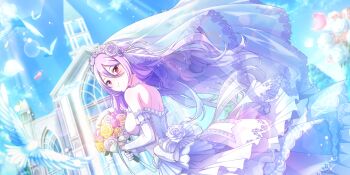 1girl armpit_crease back bare_shoulders bird blue_sky blush bouquet breasts bridal_veil church closed_mouth day dress dutch_angle emilia_(lapis_re:lights) falling_petals flower game_cg hair_between_eyes highres holding holding_bouquet jewelry lapis_re:lights long_hair long_skirt looking_at_viewer looking_back medium_breasts necklace non-circular_lens_flare official_art outdoors pearl_necklace petals pink_flower pink_petals pink_rose purple_hair red_eyes rose skirt sky smile solo sparkle strapless strapless_dress third-party_source veil very_long_hair wedding_dress white_dress white_flower white_rose white_veil yellow_flower yellow_rose