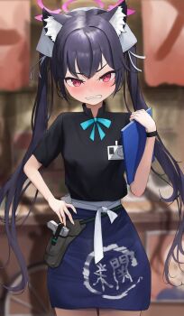 1girl absurdres angry animal_ear_fluff animal_ears black_hair black_shirt blue_archive blue_bow blue_bowtie blue_skirt blurry blurry_background blush bow bowtie cat_ears cat_girl clenched_teeth commentary cowboy_shot embarrassed eyelashes film_grain hair_between_eyes halo hand_on_own_hip hand_up highres holding holding_menu id_card long_hair looking_at_viewer menu nose_blush official_alternate_costume pink_halo red_eyes red_pupils serika_(blue_archive) serika_(waitress)_(blue_archive) shadow shirt short_sleeves sidelocks skirt slit_pupils solo straight-on teeth twintails ubeuna v-shaped_eyebrows very_long_hair waitress