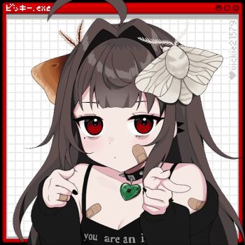 1girl ahoge animated animated_gif bandaid bandaid_on_face bare_shoulders black_nails black_shirt black_sweater breasts brown_hair choker cleavage collarbone fingernails heart_pendant long_hair long_sleeves mole mole_under_eye moth_on_head off_shoulder original pointing red_eyes ringed_eyes shirt solo spaghetti_strap sparkling_daydream spiked_choker spikes sweater upper_body vickie_(cryingrobot) vickie_(cryingrobot)_(character) you_are_an_idiot_(virus)