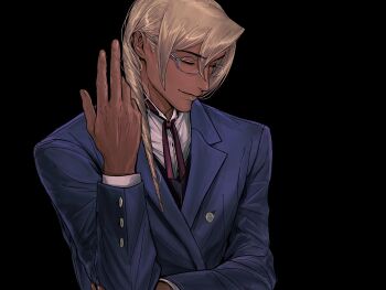1boy ace_attorney amikoiiko apollo_justice:_ace_attorney black_background black_vest blonde_hair blue_jacket blue_suit closed_eyes closed_mouth collared_shirt dark-skinned_male dark_skin formal_clothes glasses hand_up highres jacket kristoph_gavin long_hair male_focus shirt simple_background smile solo suit upper_body vest white_shirt