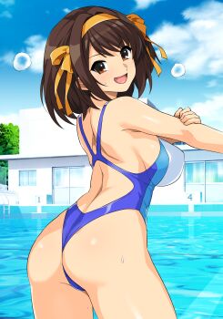 1girl :d absurdres ass back blue_one-piece_swimsuit blue_theme breasts brown_eyes brown_hair commentary_request hairband haruhisky highleg highleg_one-piece_swimsuit highres large_breasts one-piece_swimsuit open_mouth ribbon school_swimsuit short_hair simple_background smile solo standing suzumiya_haruhi suzumiya_haruhi_no_yuuutsu swimsuit thighs tongue yellow_hairband yellow_ribbon