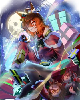 1girl absurdres achillodos agnes_tachyon_(umamusume) ahoge animal_ears bare_shoulders bell belt black_belt black_pantyhose bow box breasts brown_hair capelet character_doll christmas christmas_present commentary daiwa_scarlet_(umamusume) dantsu_flame_(umamusume) doll dress english_commentary figure full_moon fur-trimmed_capelet fur-trimmed_dress fur_trim gift gift_box green_bow hair_between_eyes hair_ornament highres holding holding_snow_globe holly holly_hair_ornament horse_ears horse_girl jungle_pocket_(umamusume) long_sleeves manhattan_cafe_(umamusume) medium_breasts medium_hair merry_christmas moon pantyhose parted_lips red_capelet red_dress santa_costume santa_dress sleeves_past_fingers sleeves_past_wrists smile snow_globe solo umamusume