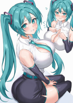1girl aqua_belt aqua_eyes aqua_hair aqua_necktie aqua_trim belt between_breasts black_shorts black_sleeves blush breasts cleavage_cutout clothing_cutout collared_shirt commentary_request grey_shirt hair_between_eyes hair_ornament hatsune_miku higa_ao highres large_breasts long_hair long_sleeves necktie necktie_between_breasts shirt shorts sideboob simple_background sitting sleeveless sleeveless_shirt solo straight_hair thighhighs twintails very_long_hair vocaloid white_background zettai_ryouiki