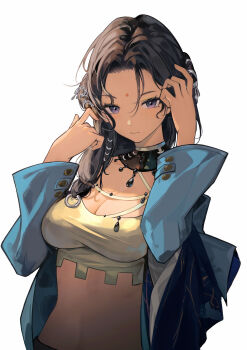 1girl absurdres adjusting_hair bindi black_choker black_hair blue_coat breasts choker cleavage closed_mouth coat cropped_shirt dark-skinned_female dark_skin facial_mark forehead_mark goguhaku hair_ornament hands_up highres impossible_clothes impossible_shirt kaalaa_baunaa long_sleeves looking_at_viewer medium_breasts medium_hair open_clothes open_coat purple_eyes reverse:1999 shirt solo stomach upper_body white_background yellow_shirt