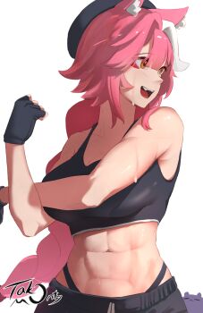 1girl :d beret black_gloves black_hat black_panties black_pants black_sports_bra braid braided_ponytail breasts center-flap_bangs cleavage commentary cross-body_stretch dated_commentary double-parted_bangs english_commentary extra_ears fingerless_gloves gloves hat highleg highleg_panties highres hololive hololive_english large_breasts long_hair low_ponytail midriff multicolored_hair navel open_mouth panther_girl panties pants panty_straps pink_hair ponytail raora_panthera sidelocks simple_background smile solo sports_bra streaked_hair sweat takodachi_(ninomae_ina&#039;nis) takomonty teeth underwear upper_teeth_only very_long_hair virtual_youtuber white_background white_streaks