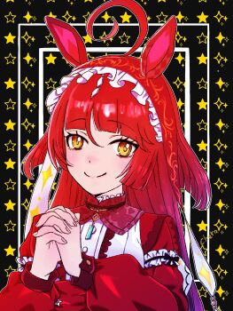 1girl ahoge animal_ears blunt_bangs blush breasts closed_mouth commentary_request hair_between_eyes hair_ornament hairband highres horse_ears horse_girl jewelry long_hair looking_at_viewer necklace negimatukune043 own_hands_together portrait red_desire_(umamusume) red_eyes red_hair simple_background small_breasts smile star_(symbol) umamusume yellow_eyes