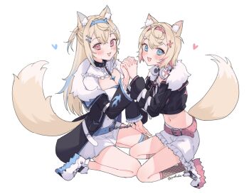 2girls :d animal_ear_fluff animal_ears bandaid bandaid_hair_ornament belt belt_buckle belt_collar black_collar black_jacket blonde_hair blue_belt blue_eyes blue_hair blush breasts buckle center_frills chain cleavage clothing_cutout collar colored_inner_animal_ears colored_shoe_soles crop_top cropped_jacket crossed_bangs detached_collar dog_ears dog_girl dog_tail double-parted_bangs dress fake_horns fishnet_thighhighs fishnets flame_print flat_chest frilled_collar frilled_sleeves frills fur-trimmed_jacket fur_collar fur_trim fuwawa_abyssgard fuwawa_abyssgard_(1st_costume) hair_intakes hair_ornament hairband hairclip headphones headphones_around_neck heart highres holding_hands hololive hololive_english horns jacket kneehighs large_breasts long_hair long_sleeves looking_at_viewer midriff mococo_abyssgard mococo_abyssgard_(1st_costume) multicolored_hair multiple_girls navel open_clothes open_jacket open_mouth over-kneehighs pink_belt pink_eyes pink_hair pink_hairband profnote puffy_long_sleeves puffy_sleeves shirt shoes short_hair short_shorts shorts siblings sidelocks simple_background single_over-kneehigh single_thighhigh sitting smile sneakers socks spiked_collar spiked_hairband spikes streaked_hair tail thighhighs twins twitter_username two_side_up virtual_youtuber white_background white_dress white_footwear white_shirt white_shorts x_hair_ornament