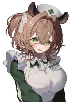 1girl animal_ears apron blush brown_hair dress green_dress hashtag-only_commentary hat highres indie_virtual_youtuber looking_at_viewer maid maid_apron marimo_(nogdujeon) medium_hair nimi_nightmare nimi_nightmare_(1st_costume) nurse_cap open_mouth smile solo tapir_ears tapir_girl virtual_youtuber whie_hair white_apron white_background white_hat