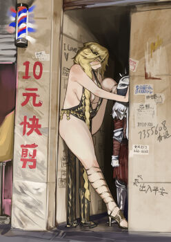 1girl 1other absurdres against_wall alley ambiguous_gender arm_up armor arrow_(symbol) barber_pole bare_legs bare_shoulders belt black_dress blonde_hair bloody_wolf_(elden_ring) braid breasts chinese_text circlet cleavage commentary_request derivative_work dress elden_ring foot_against_wall foot_kabedon full_armor full_body gladiator_sandals going_to_colombia_for_the_food_and_culture_(meme) gold_belt gold_circlet gold_trim graffiti hair_between_eyes hand_on_wall height_difference helm helmet high_heel_sandals high_heels highres howlsfm_pose huge_breasts kabedon leg_up legs long_hair looking_at_another looking_down meme metal_belt miao_jiangyou notice_lines ornate pelvic_curtain phone_number photo-referenced plunging_neckline queen_marika_the_eternal sandals sideboob sign single_braid sleeveless sleeveless_dress smile standing tall_female tarnished_(elden_ring) thighs toeless_legwear yellow_eyes