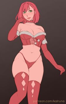 arm_up blush braid braided_bangs breasts choker cleavage clothing_cutout corset diamond_cutout elbow_gloves fur_trim gloves gracia_(sengoku_musou) green_eyes hair_between_eyes kalruna large_breasts legs legs_together lingerie lips medium_hair navel nintendo panties pokemon pokemon_conquest red_gloves red_hair red_panties red_thighhighs sengoku_musou smile swept_bangs thick_thighs thighhighs thighs thong underwear wide_hips