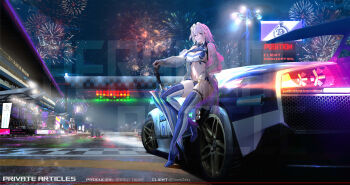 1girl absurdres bikini boots bow braid breasts car cleavage fireworks forza forza_horizon_5 frilled_bikini frills grey_hair highres holding holding_umbrella izayoi_sakuya lamborghini lamborghini_murcielago maid_headdress motor_vehicle night on_car planted planted_umbrella qiyedefeishazhanji race_queen racetrack short_hair swimsuit thigh_boots thigh_strap touhou twin_braids umbrella watermark