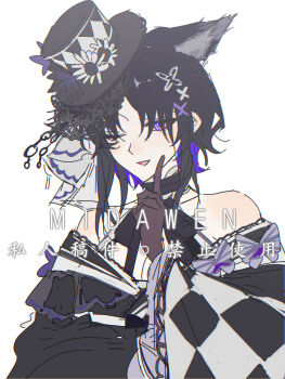 1girl bare_shoulders black_gloves black_hair black_hat black_kimono bug butterfly butterfly_hair_ornament checkered_sleeves chinese_commentary commentary_request finger_to_cheek gloves hair_ornament hat highres hong_mao_pi housho_margo index_finger_raised insect japanese_clothes kimono lolita_fashion long_sleeves looking_at_viewer mahou_shoujo_no_majo_saiban mini_hat mini_top_hat one_eye_closed open_mouth parted_bangs purple_butterfly purple_eyes short_hair simple_background smile solo top_hat upper_body wa_lolita white_background