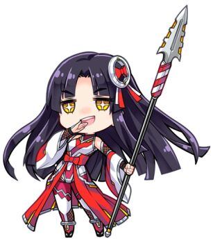 1girl black_hair bodysuit chibi full_body holding holding_weapon lance laughing lilith-soft long_hair maiden no_background official_art open_mouth polearm red_bodysuit smile spear star-shaped_pupils star_(symbol) symbol-shaped_pupils taimanin_(series) taimanin_gogo! tanaka_ine weapon yellow_eyes