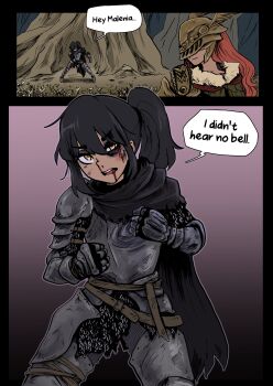 2girls absurdres armor beaten black_border black_cape black_hair blood blood_on_face border breastplate bruise bruised_eye caffeccino cape clenched_teeth closed_mouth elden_ring english_text gauntlets helmet highres injury malenia_blade_of_miquella meme multiple_girls nosebleed open_mouth parody ponytail prosthesis prosthetic_arm red_hair south_park tarnished_(elden_ring) teeth winged_helmet yellow_eyes