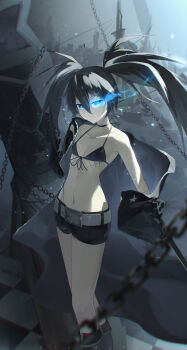 1girl absurdres aki_maple belt bikini bikini_top_only black_bikini black_gloves black_hair black_jacket black_rock_shooter black_rock_shooter_(character) black_shorts blue_eyes breasts chain closed_mouth commentary_request expressionless eye_trail feet_out_of_frame gloves glowing glowing_eyes grey_belt grey_sky hair_between_eyes highres holding jacket light_trail long_hair looking_at_viewer midriff navel off_shoulder outdoors scar short_shorts shorts sky small_breasts solo swimsuit twintails