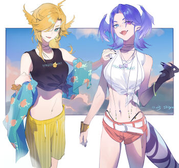 2girls alternate_costume alternate_hairstyle aqua_eyes aqua_shirt asymmetrical_arms belt bird black_nails black_shirt blonde_hair blue_eyes bracelet cloud cloudy_sky cowboy_shot dokibird dokibird_(summer) dragon_girl dragon_tail fang feather_hair hair_over_one_eye hand_on_another's_shoulder hawaiian_shirt head_wings heterochromia indie_virtual_youtuber jewelry kistina long_hair looking_at_viewer medium_hair multiple_girls navel necklace nijisanji nijisanji_en official_alternate_costume official_alternate_hairstyle open_mouth parted_bangs print_shirt purple_eyes purple_hair purple_tail purple_wings red_shorts scrunchie selen_tatsuki shirt short_shorts shorts signature skin_fang sky standing swept_bangs tail tied_tank_top virtual_youtuber voice_actor_connection white_belt white_shirt wings wrist_scrunchie yellow_bird yellow_swim_trunks